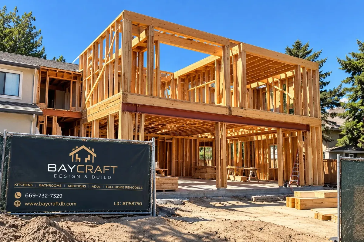 Two-story home addition in framing, with a steel beam over the open ground floor and a BayCraft site banner