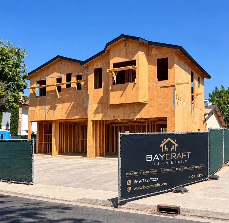 Sheathed two-story BayCraft addition behind the company site banner
